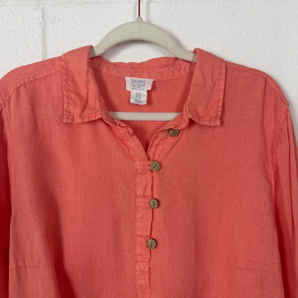 Sigrid Olsen Popover Tunic 100% Linen Roll Tab Sleeves‎ Beach Coastal Earthy 1X - Picture 3 of 15
